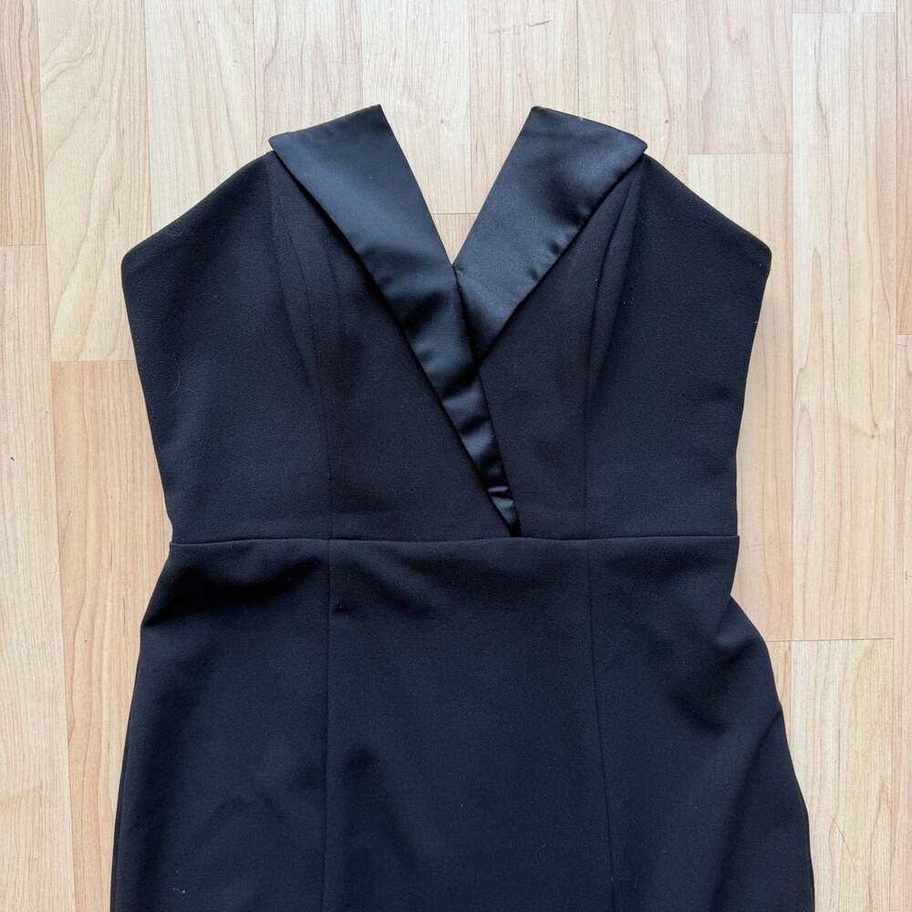 Betsy & Adam Strapless Tuxedo Lapel Column Gown Black Scuba Crepe Evening Dress